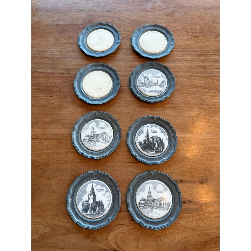 Vintage Georg Vetter Pewter and Porcelain Coasters Set of 8 German Landmarks